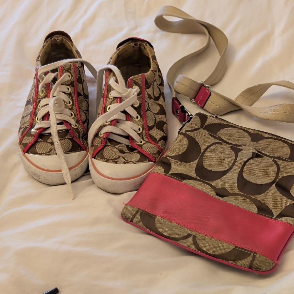Coach Woman's Sneakers with Pink and Brown Design and Coach Purse Combo